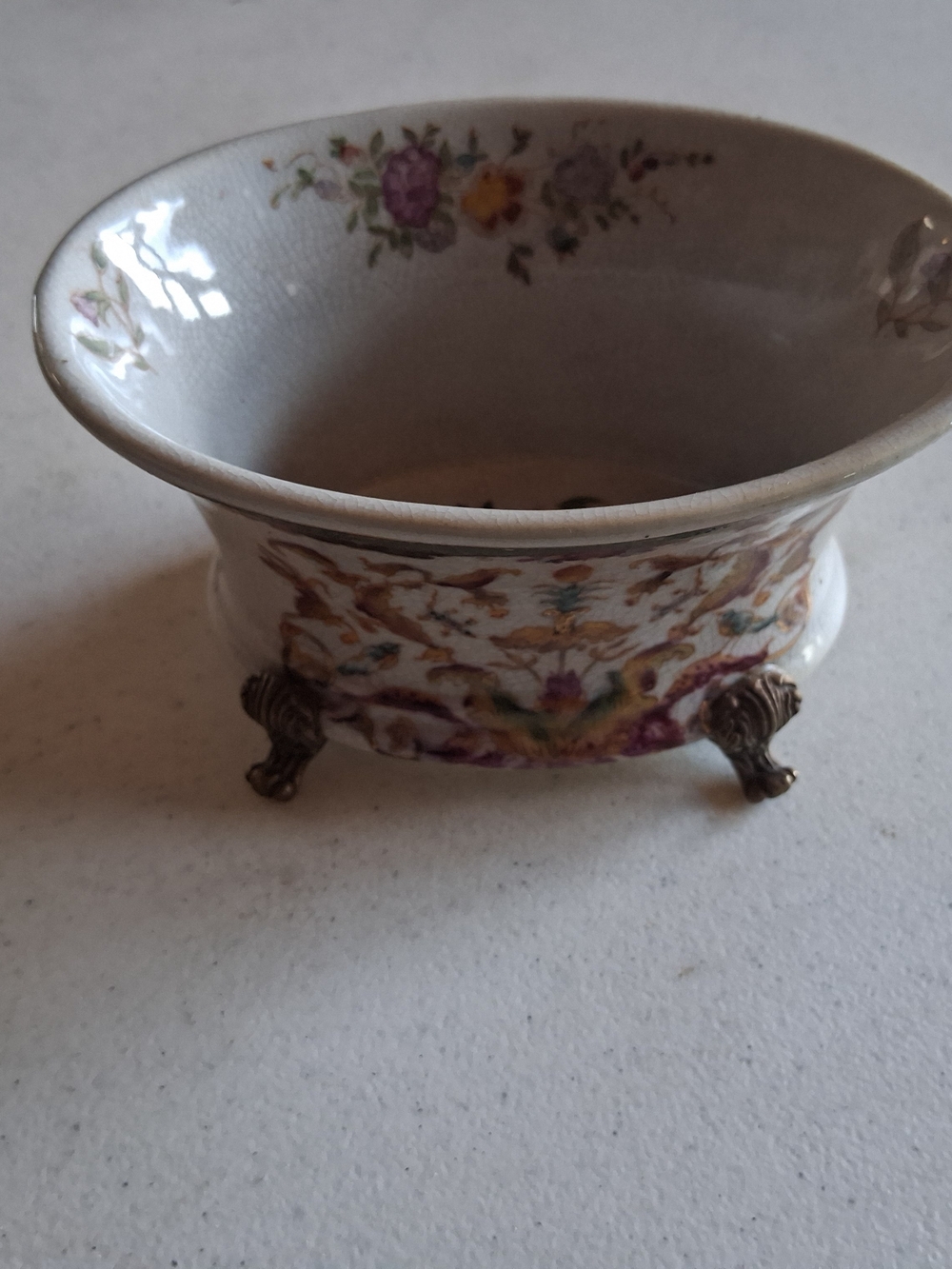 Decorative Floral Ceramic Footed Bowl - White with Purple and Gold Accents